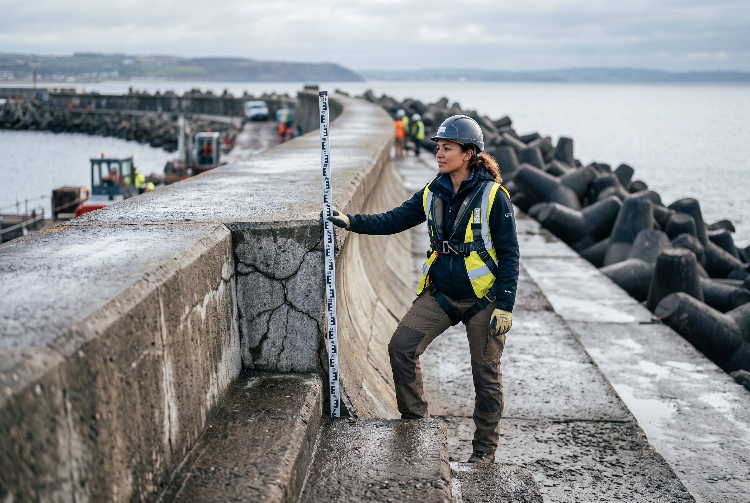 Coastal engineering hero — sea wall inspection at low tide — Program imagery, coastal engineering cluster.