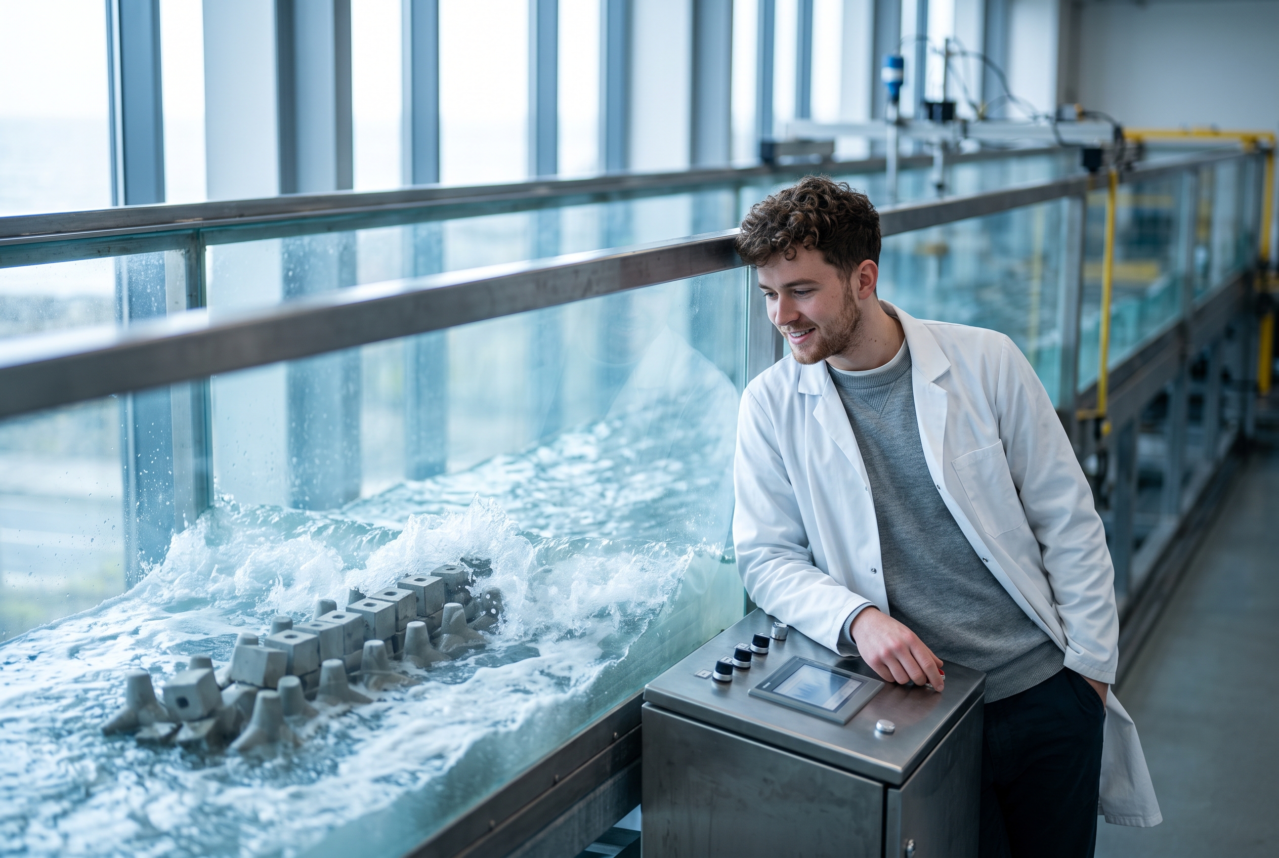Coastal engineering hero — wave flume laboratory test — Program imagery, coastal engineering cluster.