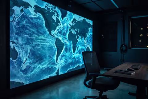 Abstract data visualization on a wall screen — News imagery, research breakthrough.