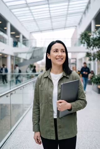 Postdoctoral researcher portrait, atrium background — Person `person_portrait`.